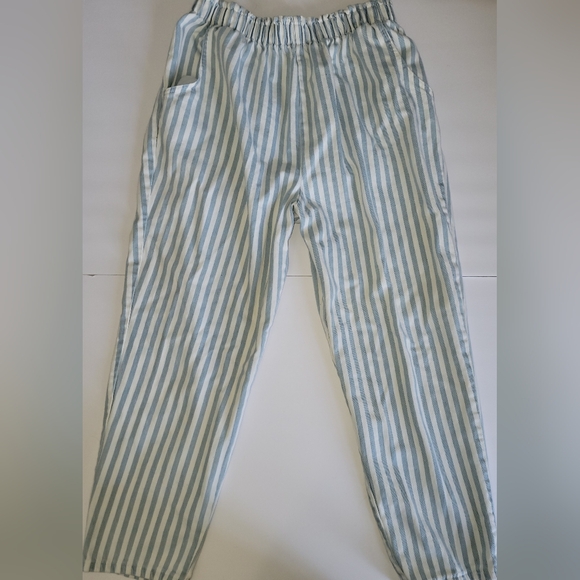 Pants - Womens blue and white vertical stripes with elastic waist band and front pockets